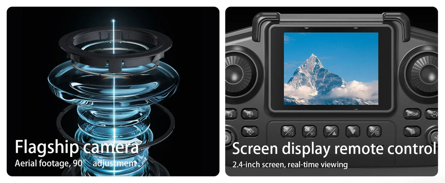 Camera with screen display and remote control features, showing a mountain view.