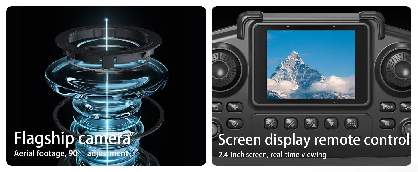 Camera with screen display and remote control features, showing a mountain view.