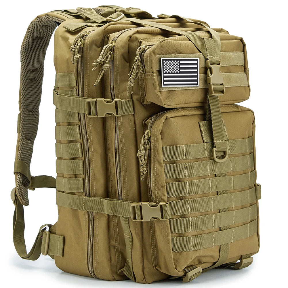 Tan tactical backpack with American flag patch on a white background