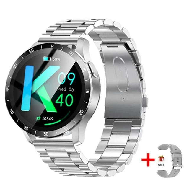 Silver smartwatch with metal band on a white background