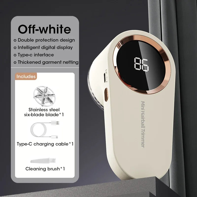 Hair trimmer with digital display and packaging details on a dark background