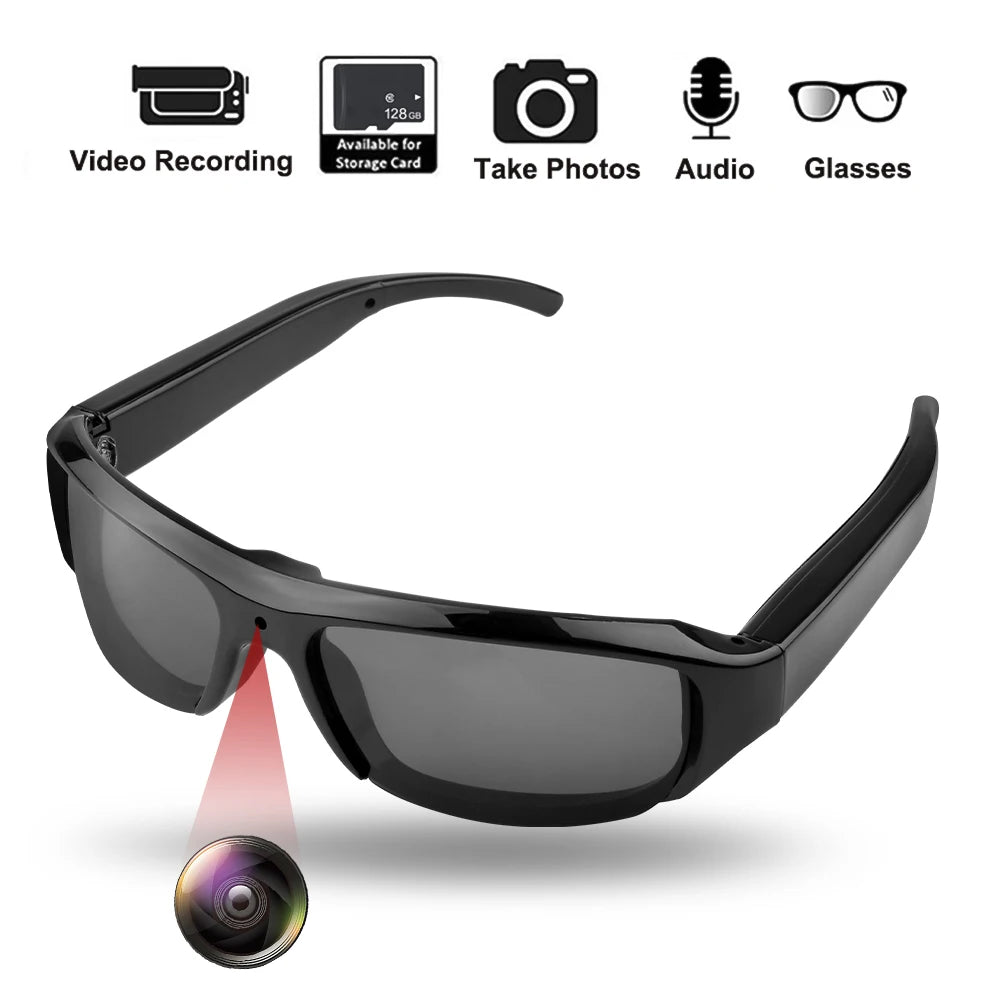 Sunglasses with embedded camera and features listed above on a white background