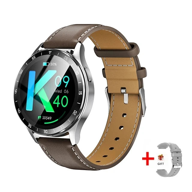 Smartwatch with brown leather strap and additional silver strap on a white background