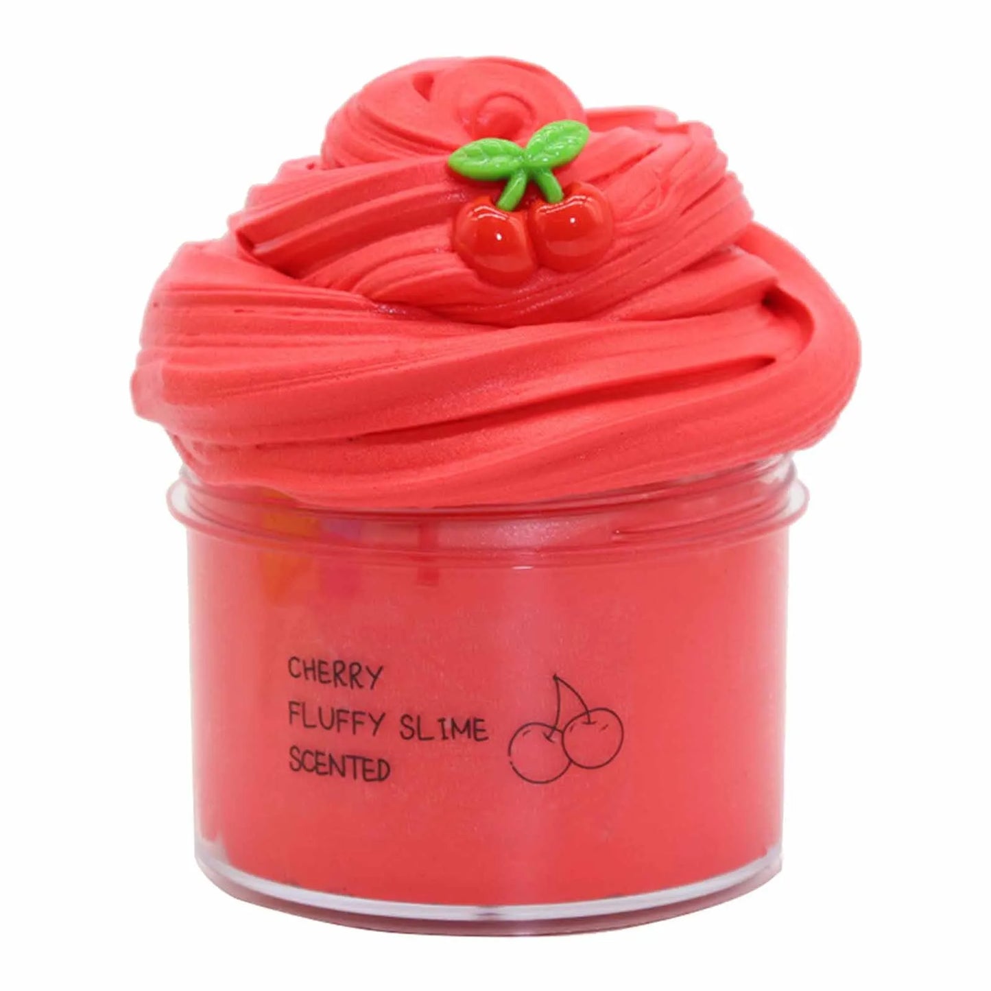 Red fluffy slime in a container with cherry decorations on a white background