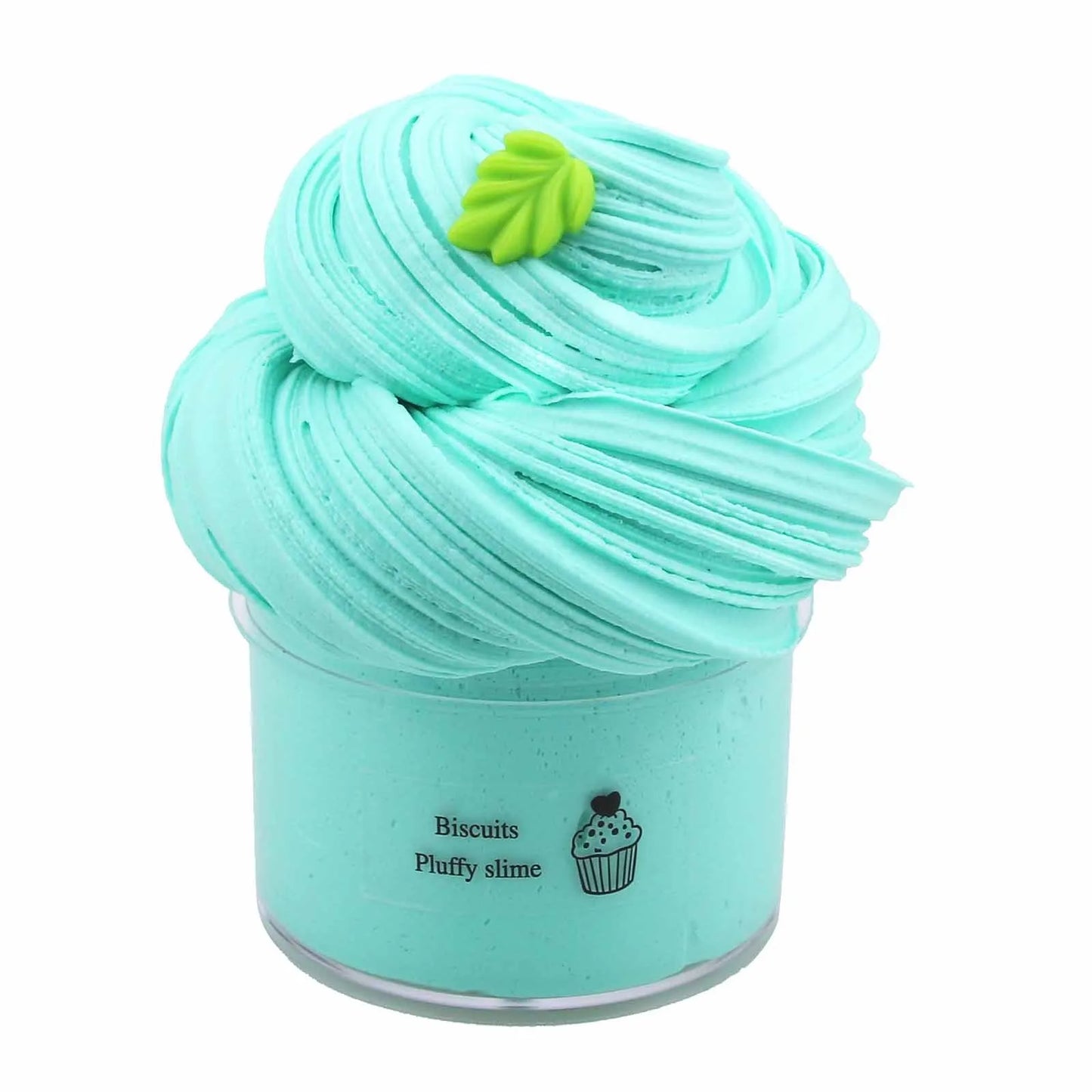 Turquoise fluffy slime with a green leaf on top in a container labeled 'Biscuits Pluffy slime'.