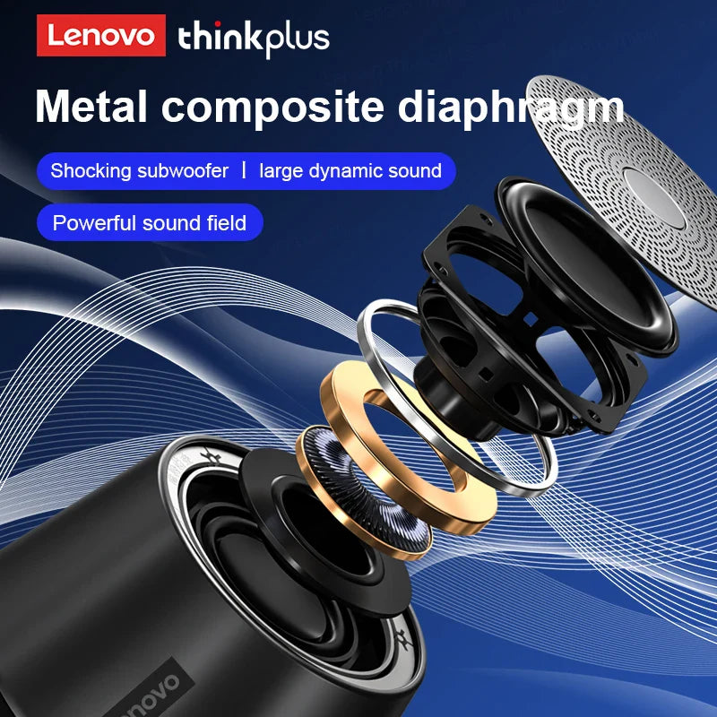 Lenovo thinkplus metal composite diaphragm with speaker components on a blue background