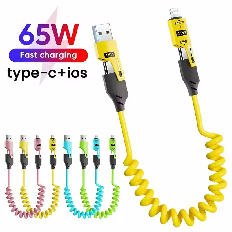 Coiled USB cable with multiple connectors on a white background, featuring text about fast charging and compatibility.