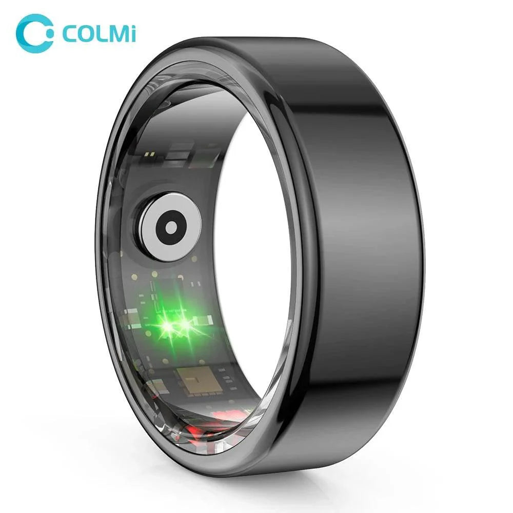 Smart ring with electronic components on a white background, featuring the COLMi brand.