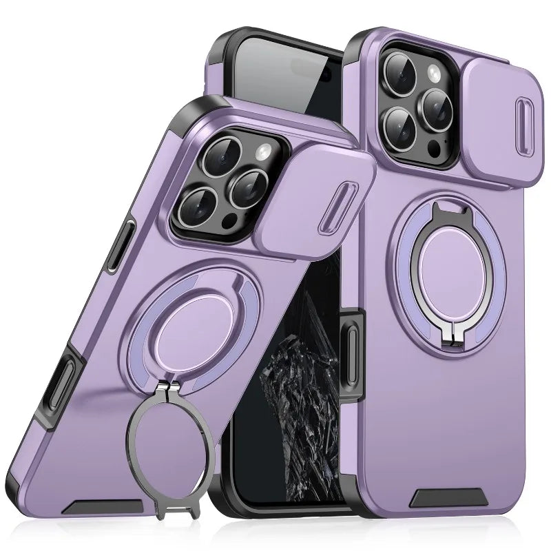 Purple phone case with ring holder on a white background