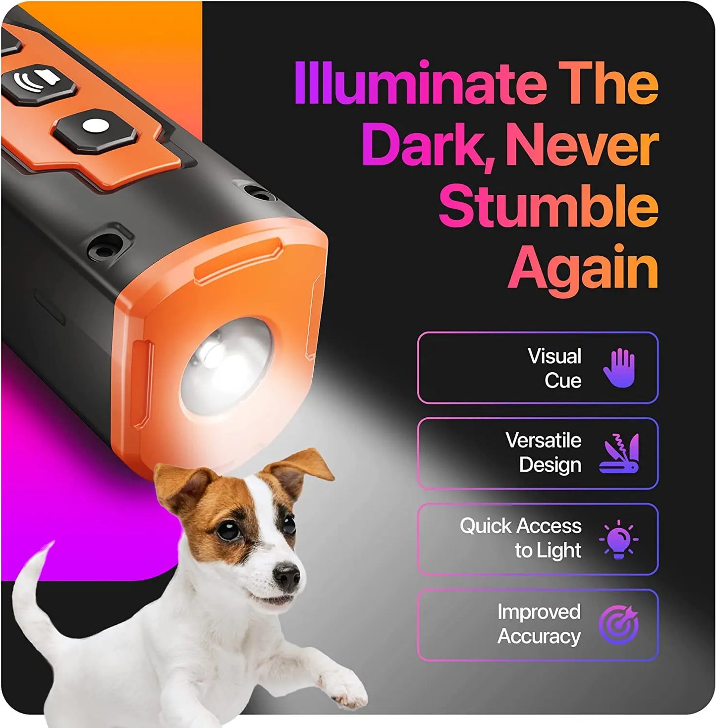 Portable flashlight with a dog, text 'Illuminate The Dark, Never Stumble Again', and features listed on a black background.