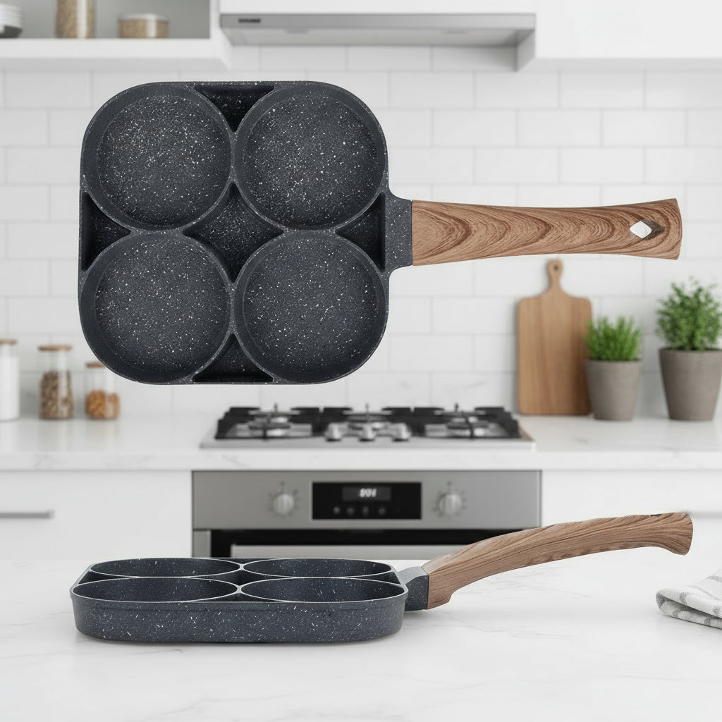 Measurement chart of a non-stick frying pan with wooden handle