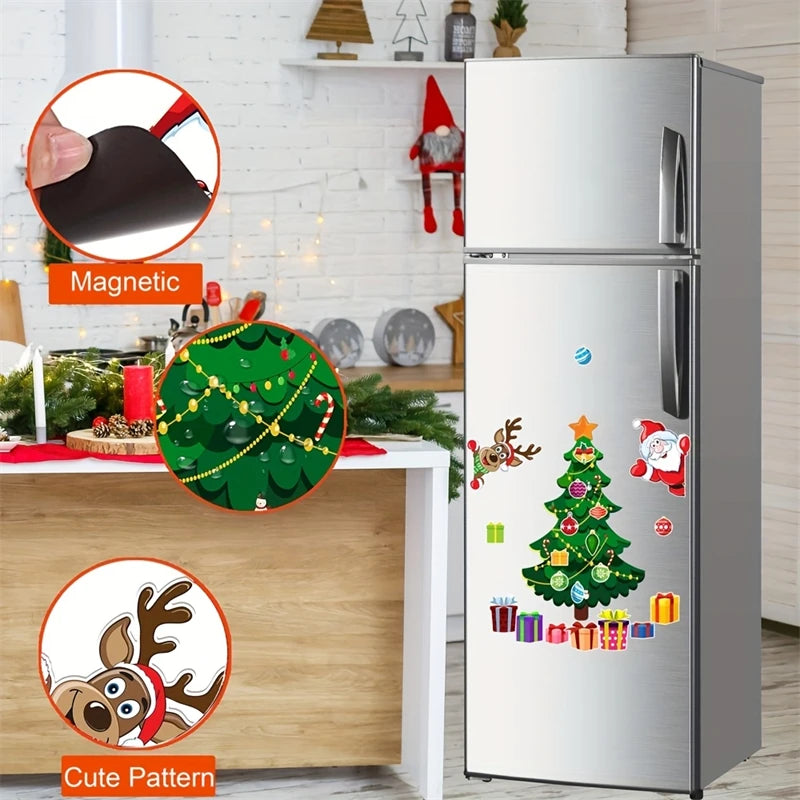Fridge with Christmas-themed magnetic stickers in a kitchen setting