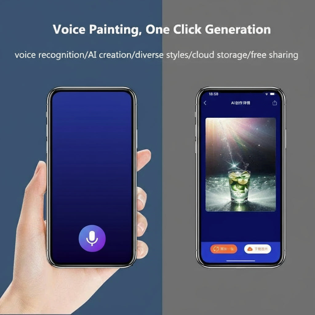 Smartphone app interface for voice painting with a hand holding the phone on a blue and gray gradient background.