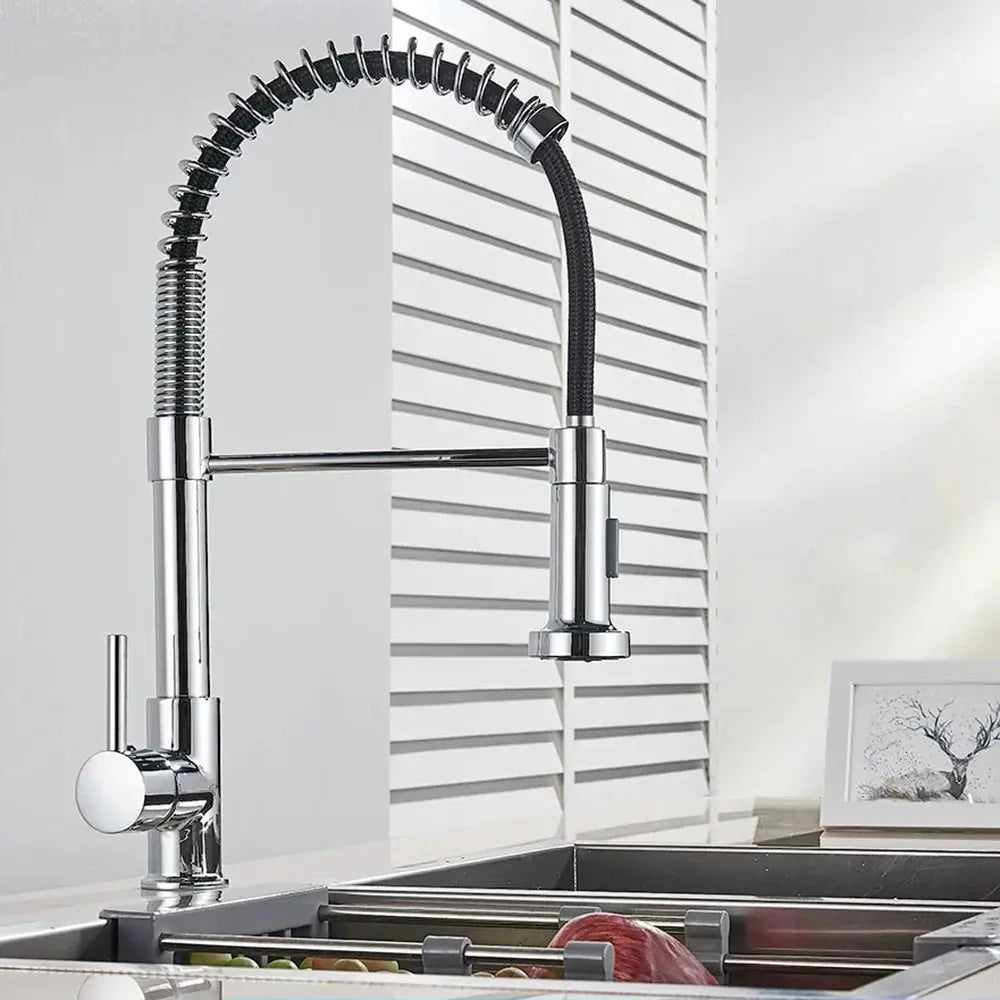 Chrome kitchen faucet with a pull-down sprayer over a sink.