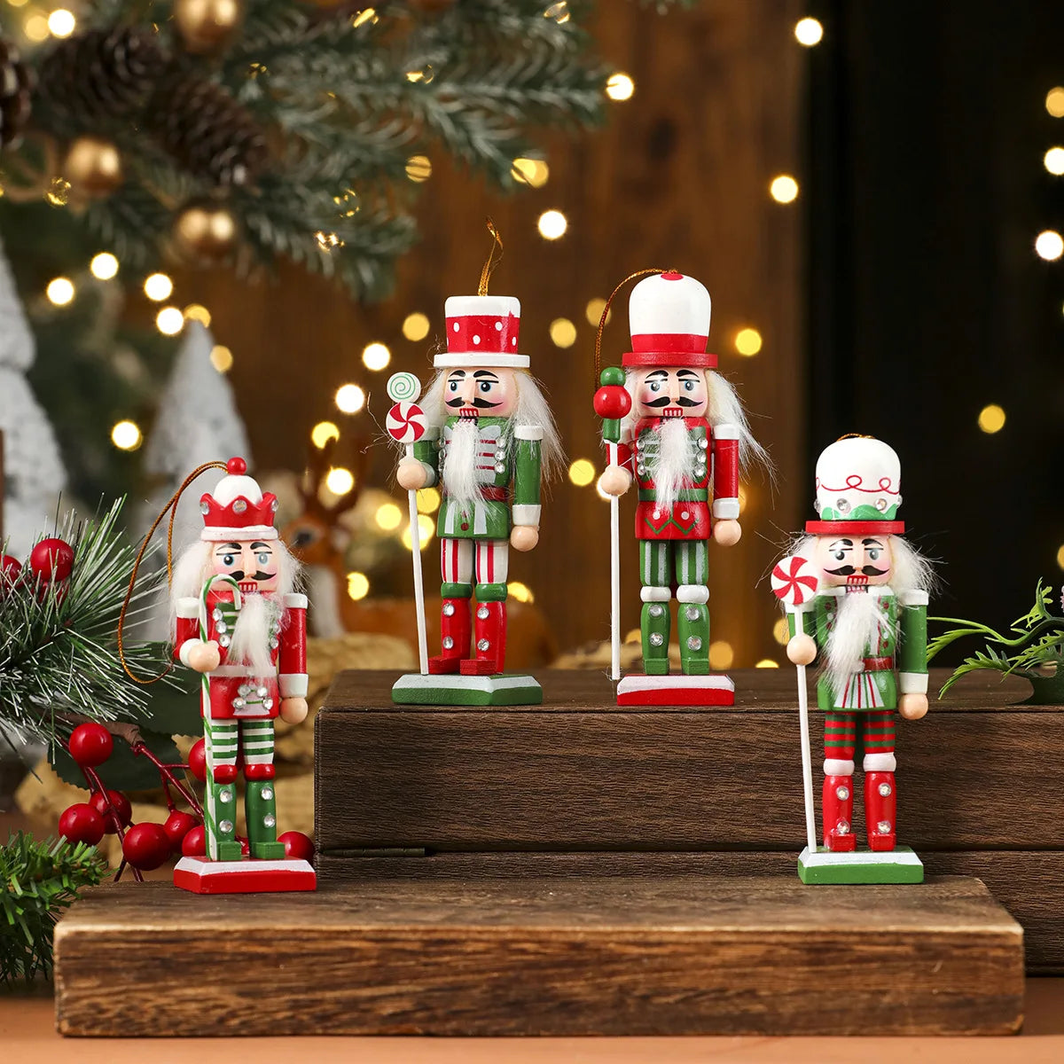 Set of four decorative nutcrackers on a wooden stand with a festive background.