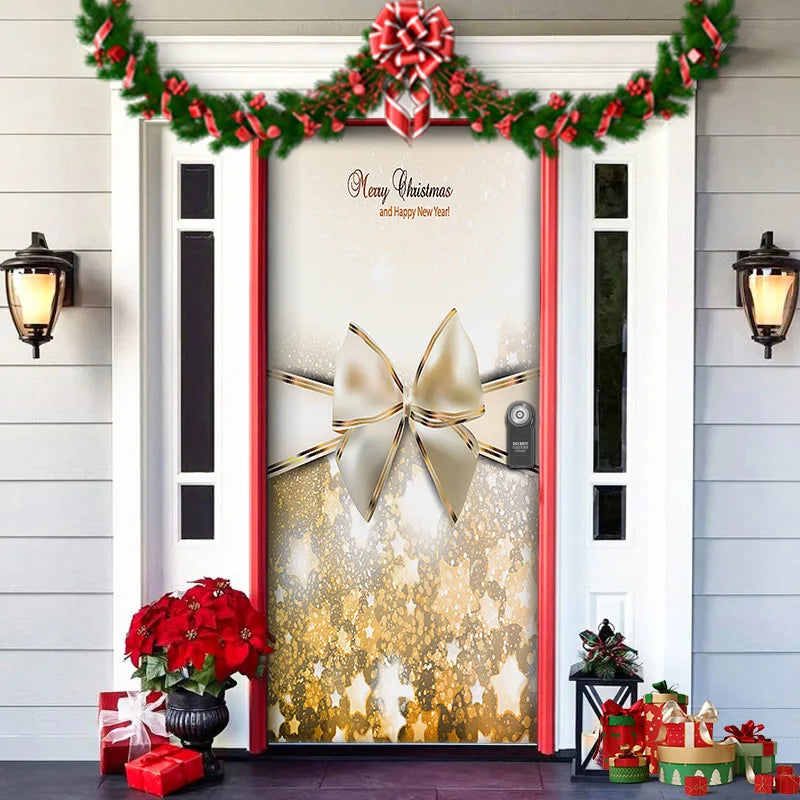 Decorative door with Christmas decorations including a large bow, garland, and gift boxes.