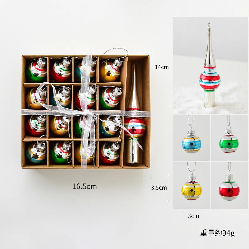 Set of Christmas ornaments in a box with measurements and close-up views.