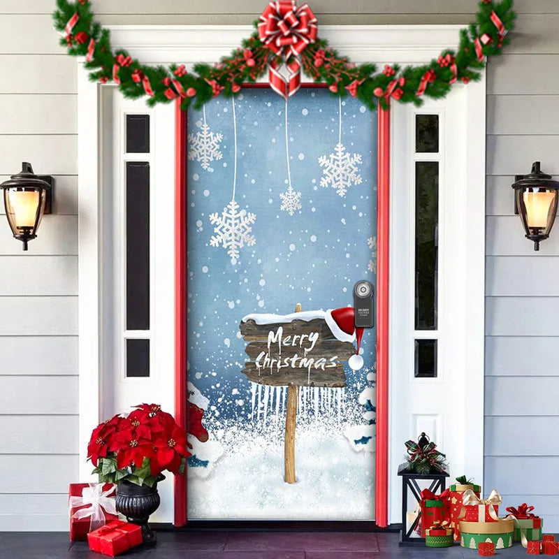 Decorative Christmas door with wreath, garland, and snowflake design.