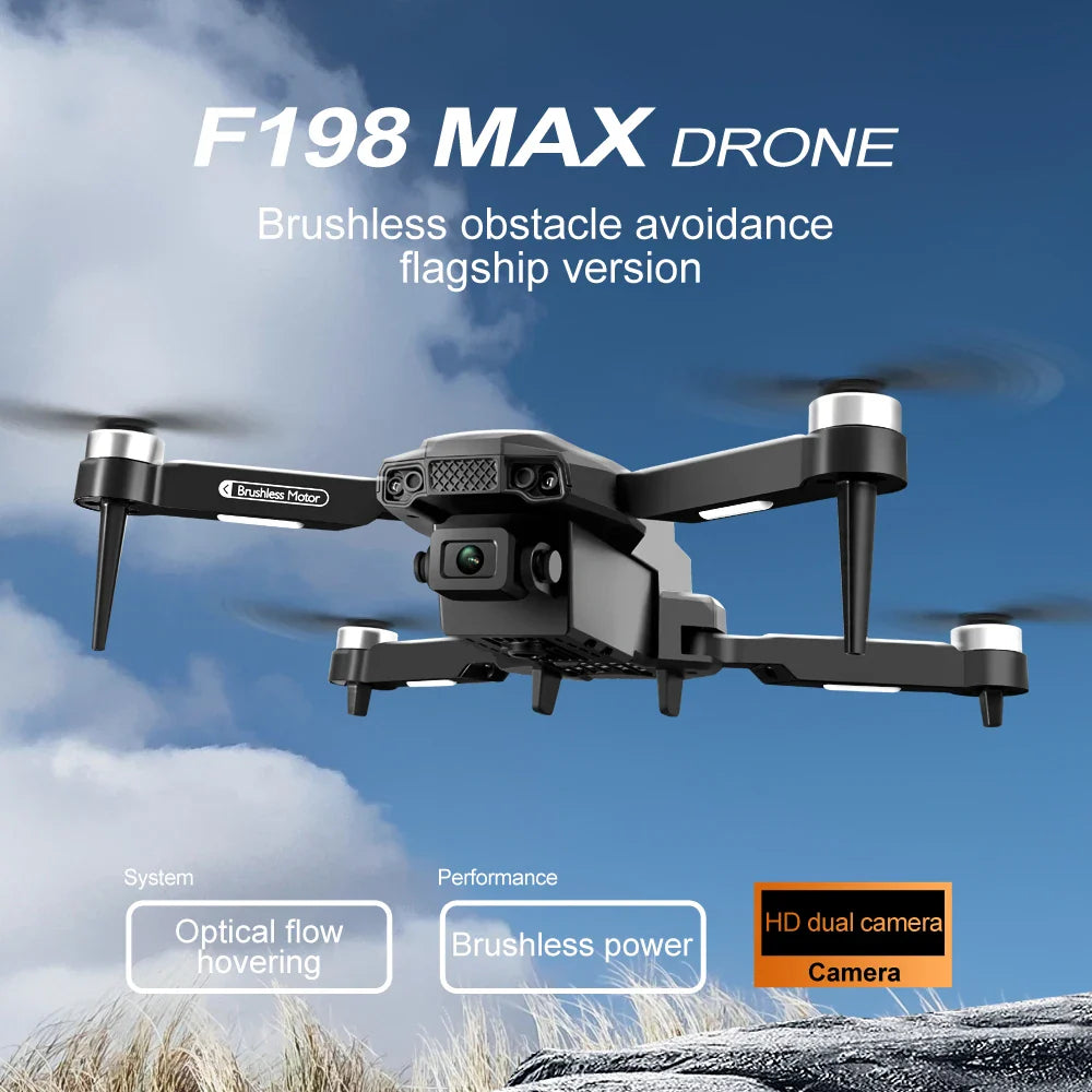 F198 MAX Drone with features highlighted against a blue sky background