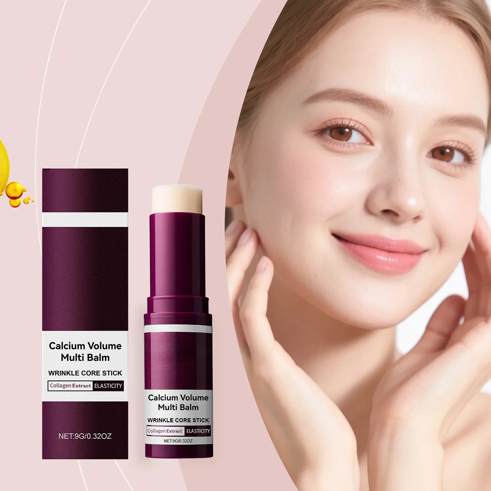 Skincare product with a woman touching her face on a pink background