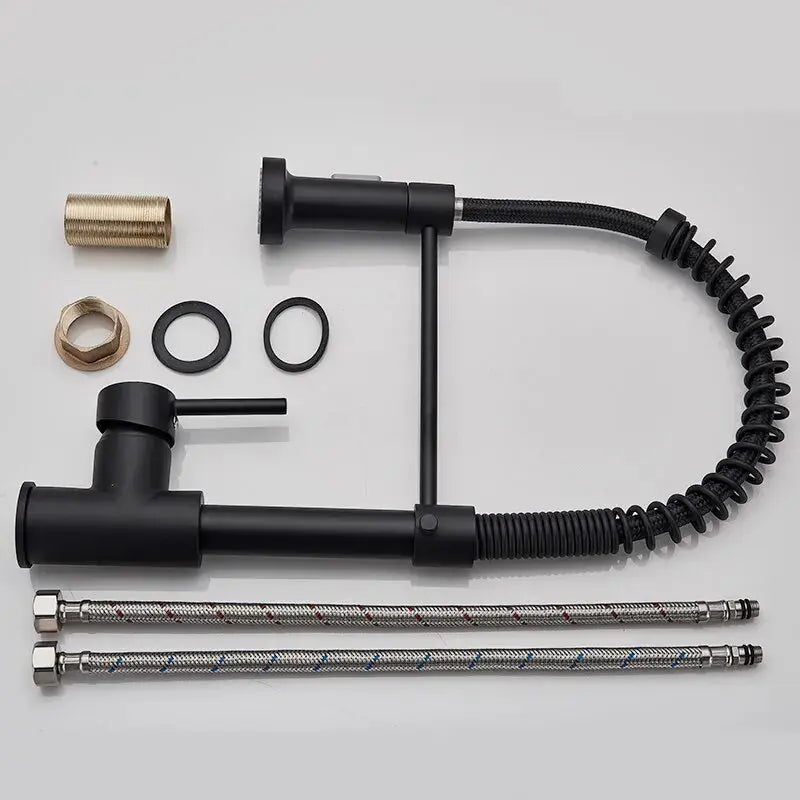 Set of plumbing components including a black faucet, flexible hose, and metal parts on a light gray background.