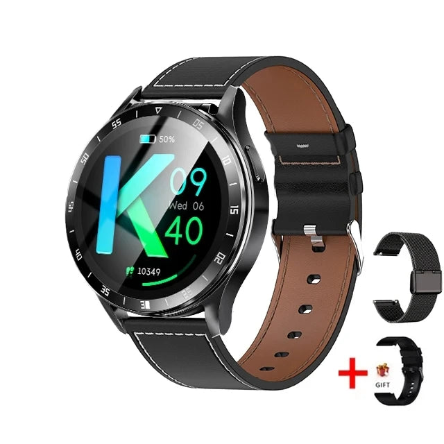 Smartwatch with brown leather strap and additional black strap on a white background