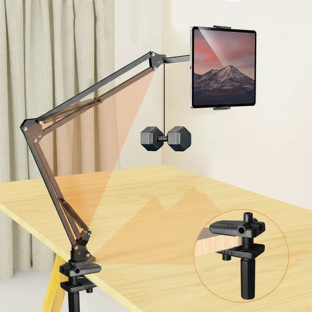 Carbon steel arm holder with desk clamp on a wooden surface, holding a tablet.