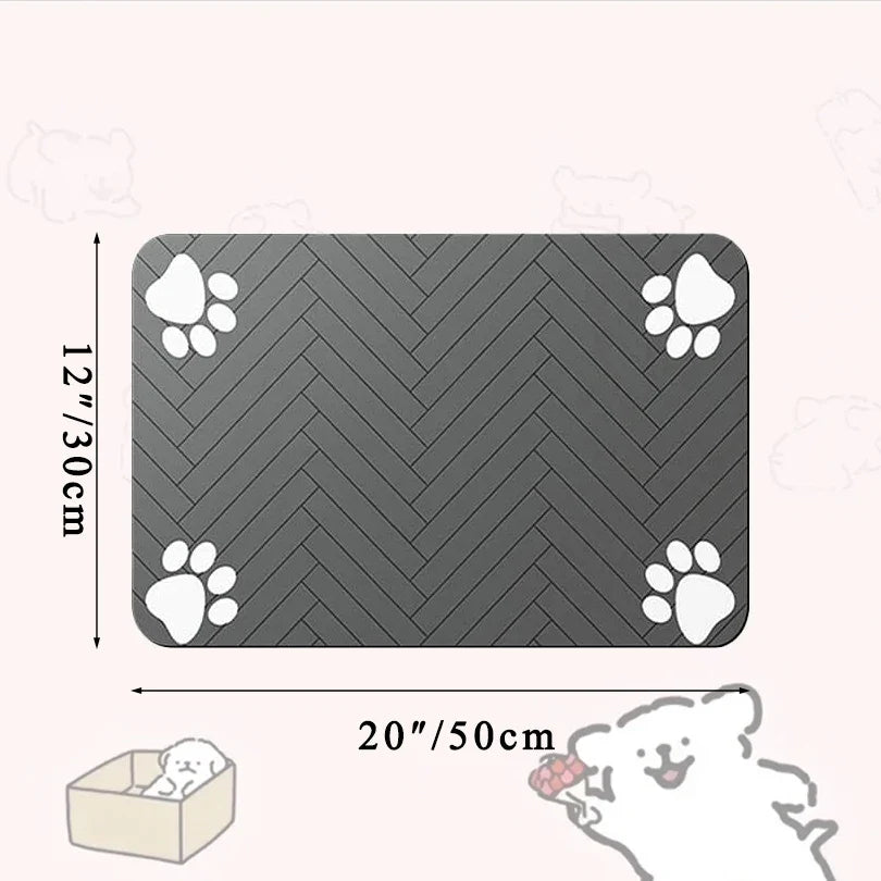 Gray pet mat with paw prints and dimensions on a white background