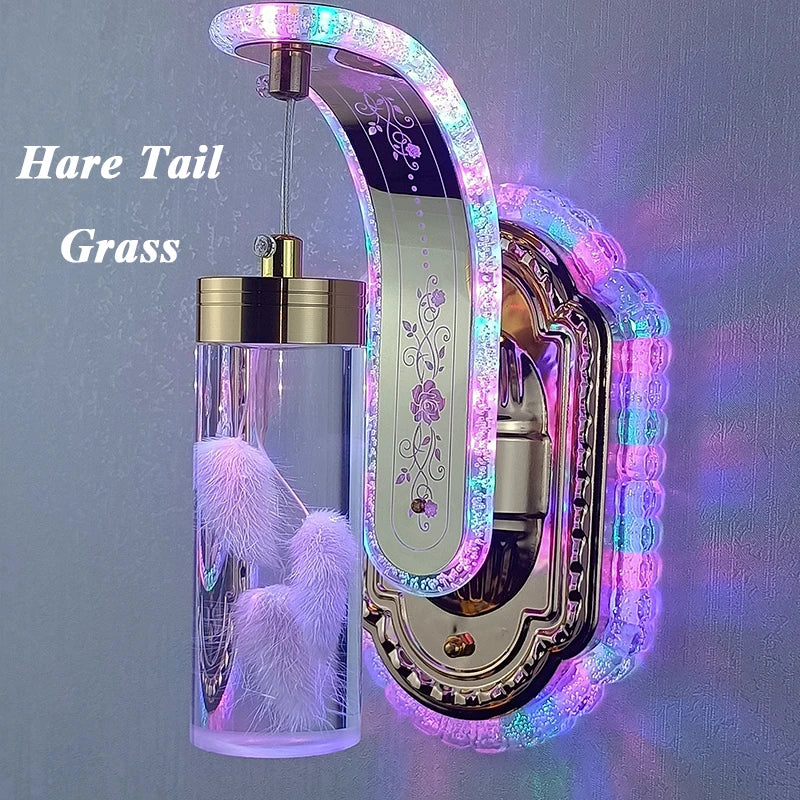 Decorative item with LED lights and 'Hare Tail Grass' text on a gray background