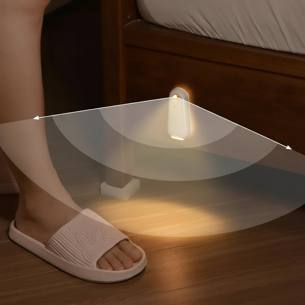 Motion sensor light on a wooden floor with a person's foot wearing a sandal.