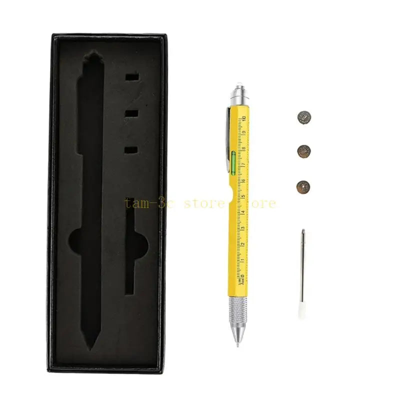 Yellow pen with accessories on a white background