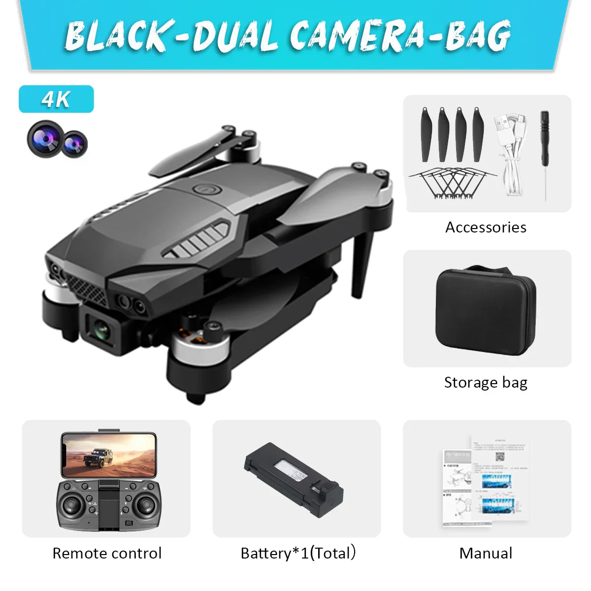 Black dual-camera bag with accessories, remote control, battery, and manual on a white background.