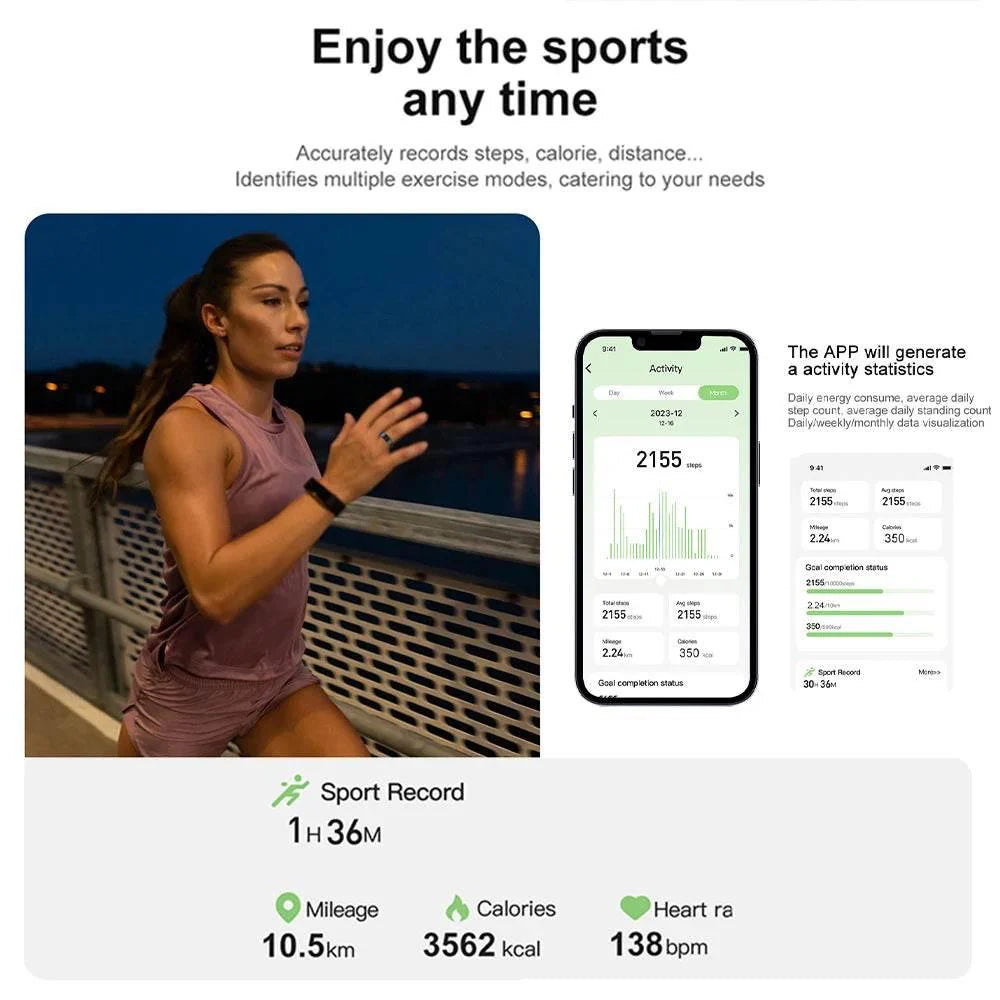 Woman exercising outdoors with fitness app on smartphone displaying activity statistics.
