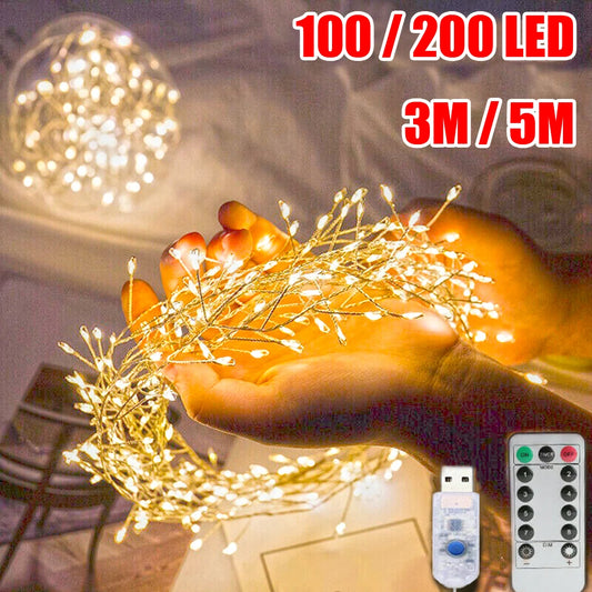 String lights with remote control on a hand, showing 100/200 LED, 3M/5M options.