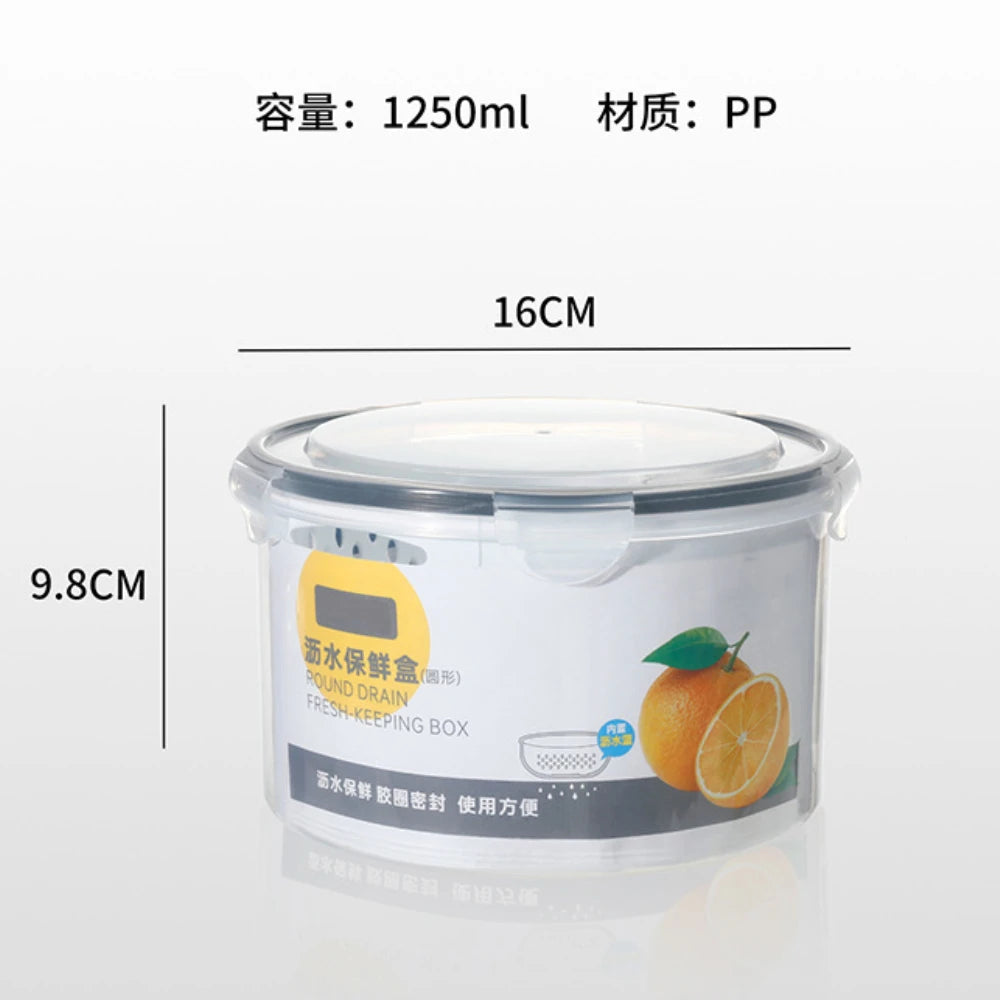 Rectangular food storage container with dimensions and product details on a white background