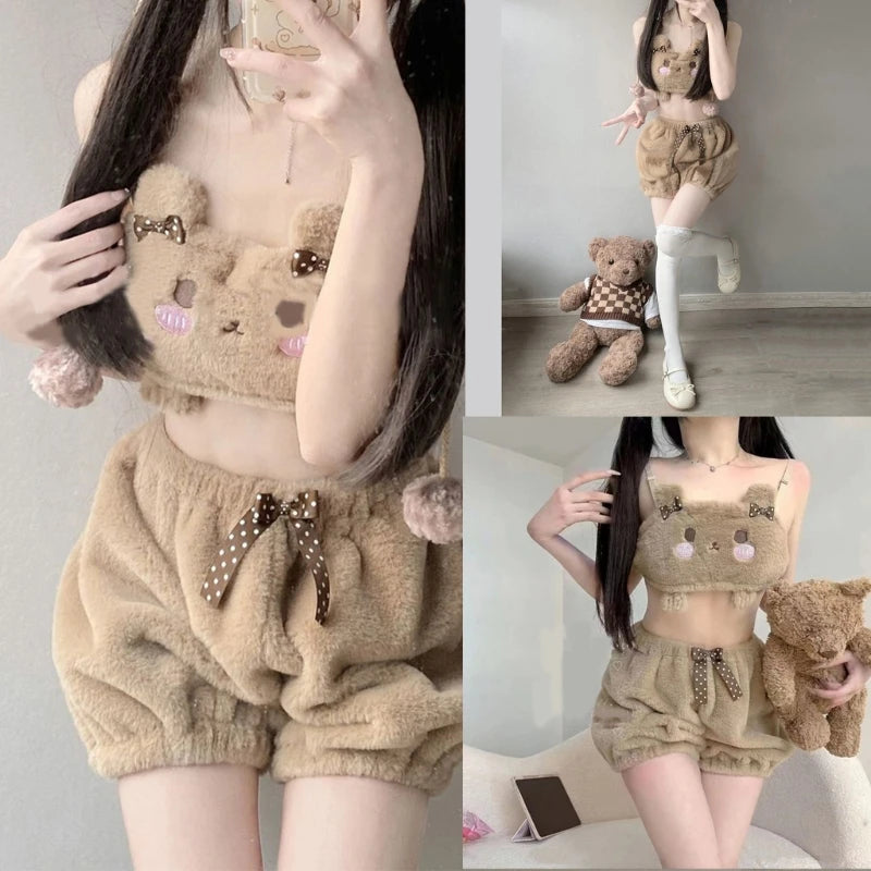 Person wearing a teddy bear-themed outfit with matching teddy bear accessories.