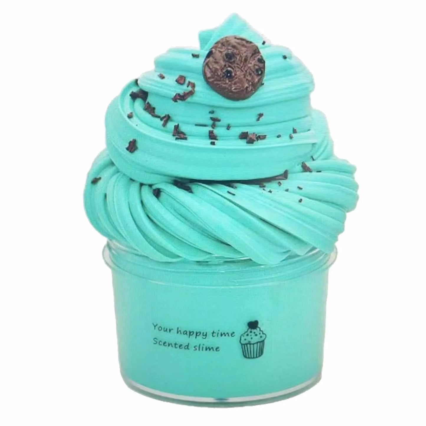 Turquoise slimes with cookie pieces in a container labeled 'Your happy time scented slime'.