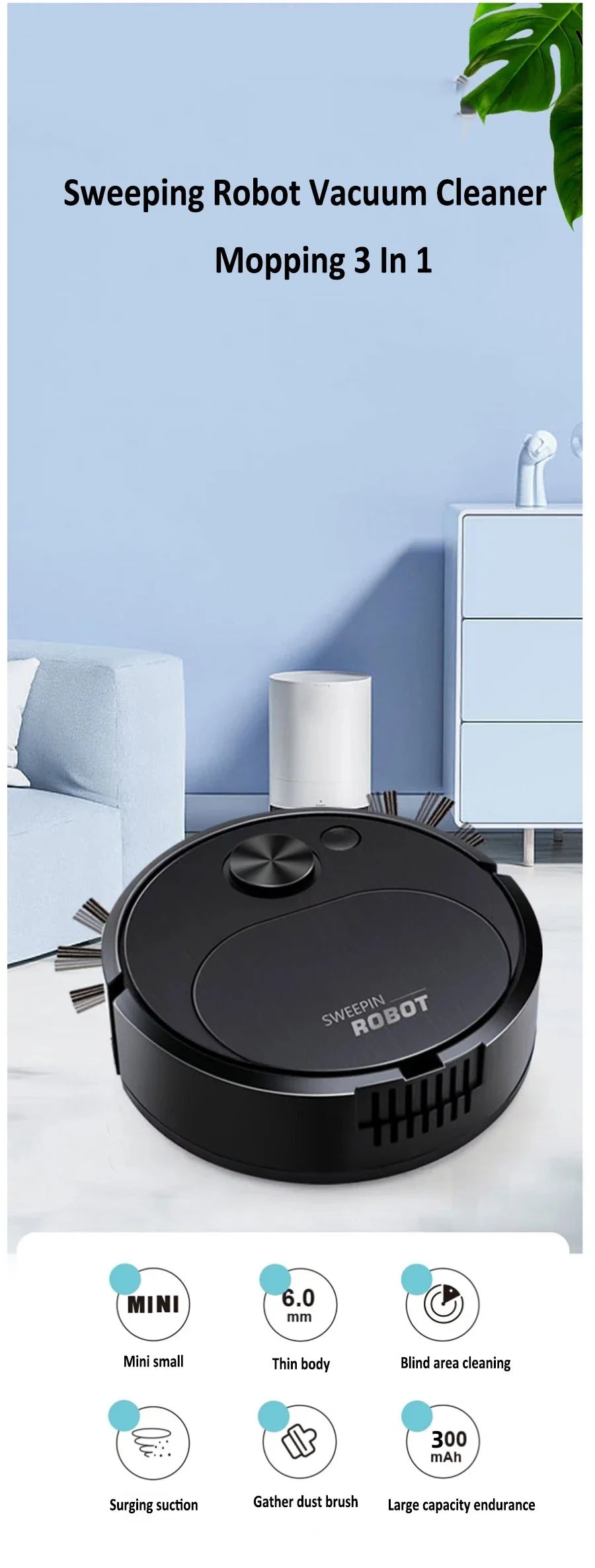 Robotic vacuum cleaner with features highlighted on a white background
