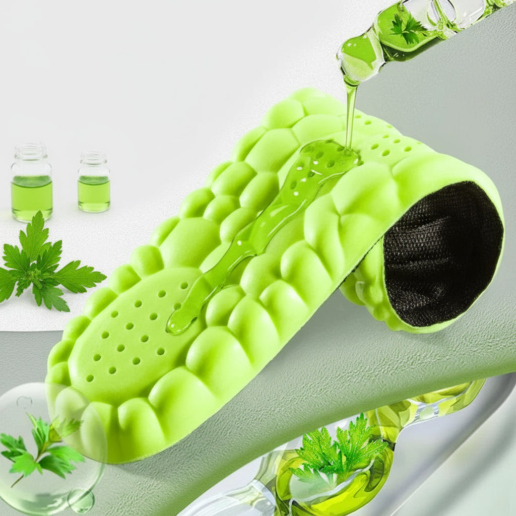 Green deodorization tool with wormwood essential oil being poured onto it, labeled for wormwood essential oil deodorization.