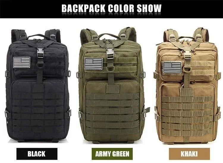 Three backpacks in black, army green, and khaki with American flag patches on a white background.