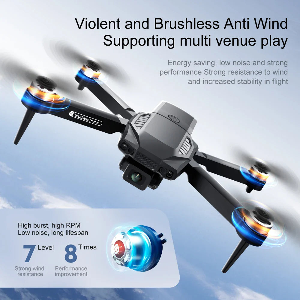 Drone with text about anti-wind capabilities and features against a cloudy sky background