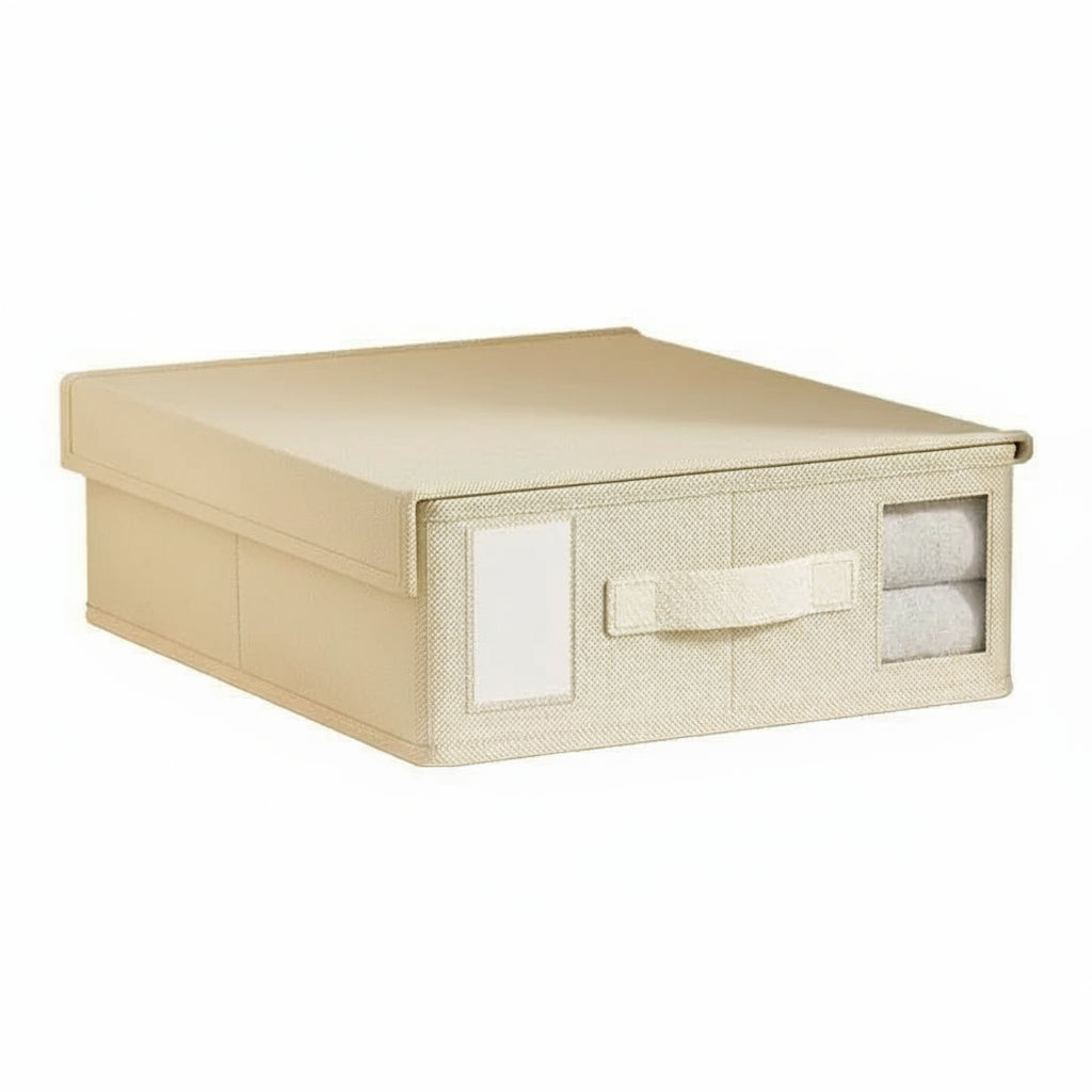 Beige storage box with a transparent lid showing rolled-up items on a white background