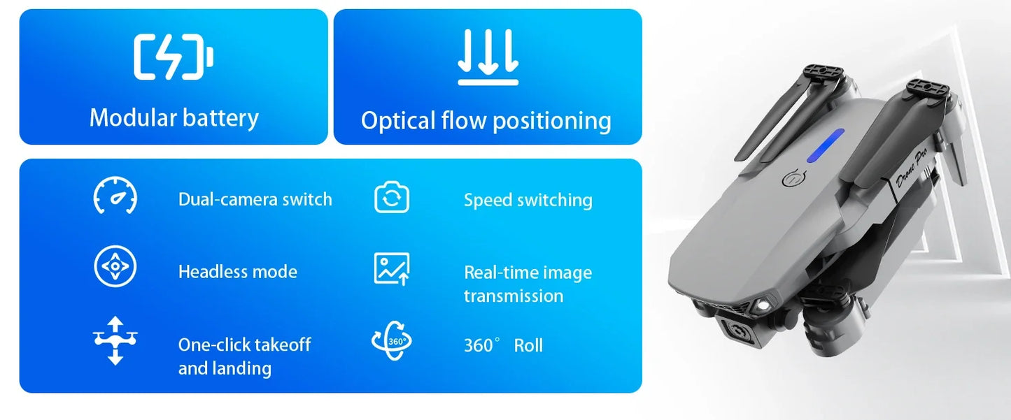 Drones with features listed on a blue background