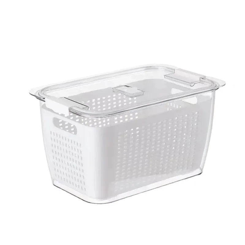 White storage basket with a clear lid on a white background