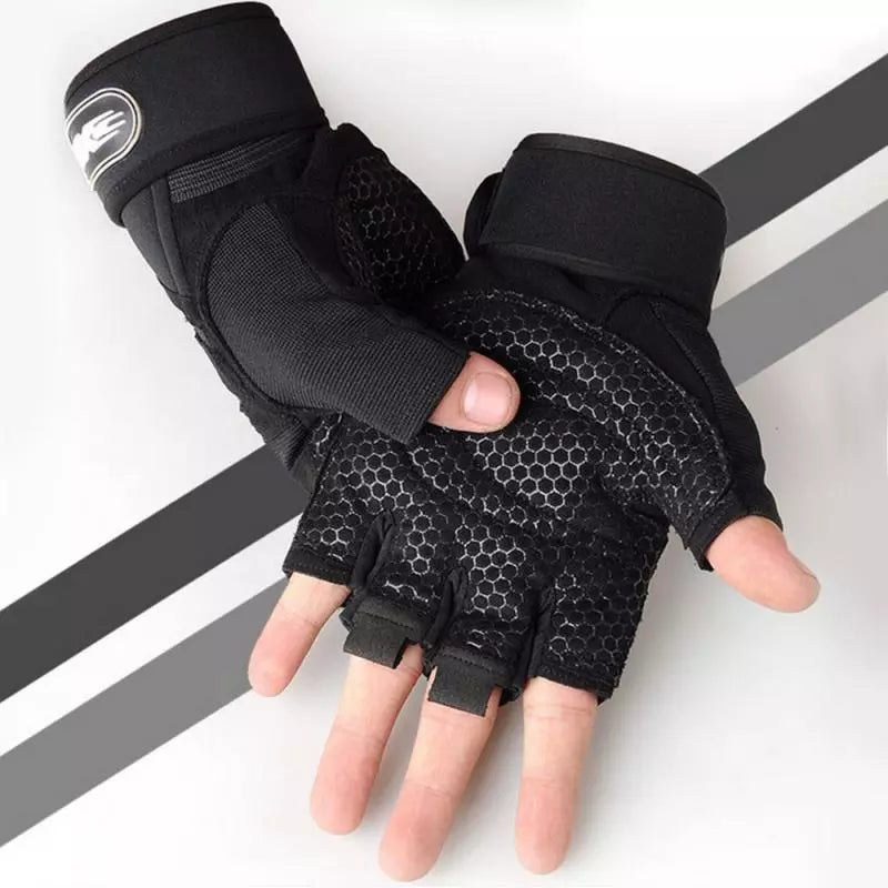 Black half-finger gloves with honeycomb pattern on a white background