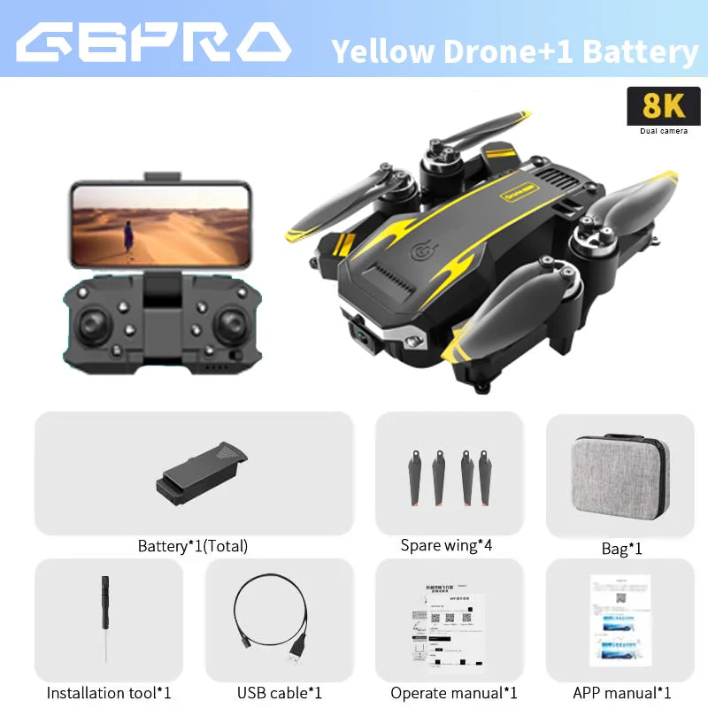 G5PRO Yellow Drone with remote control, battery, spare wing, bag, installation tool, USB cable, operate manual, and app manual on a white background.