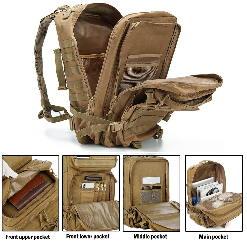 Tan tactical backpack with various pockets on a white background