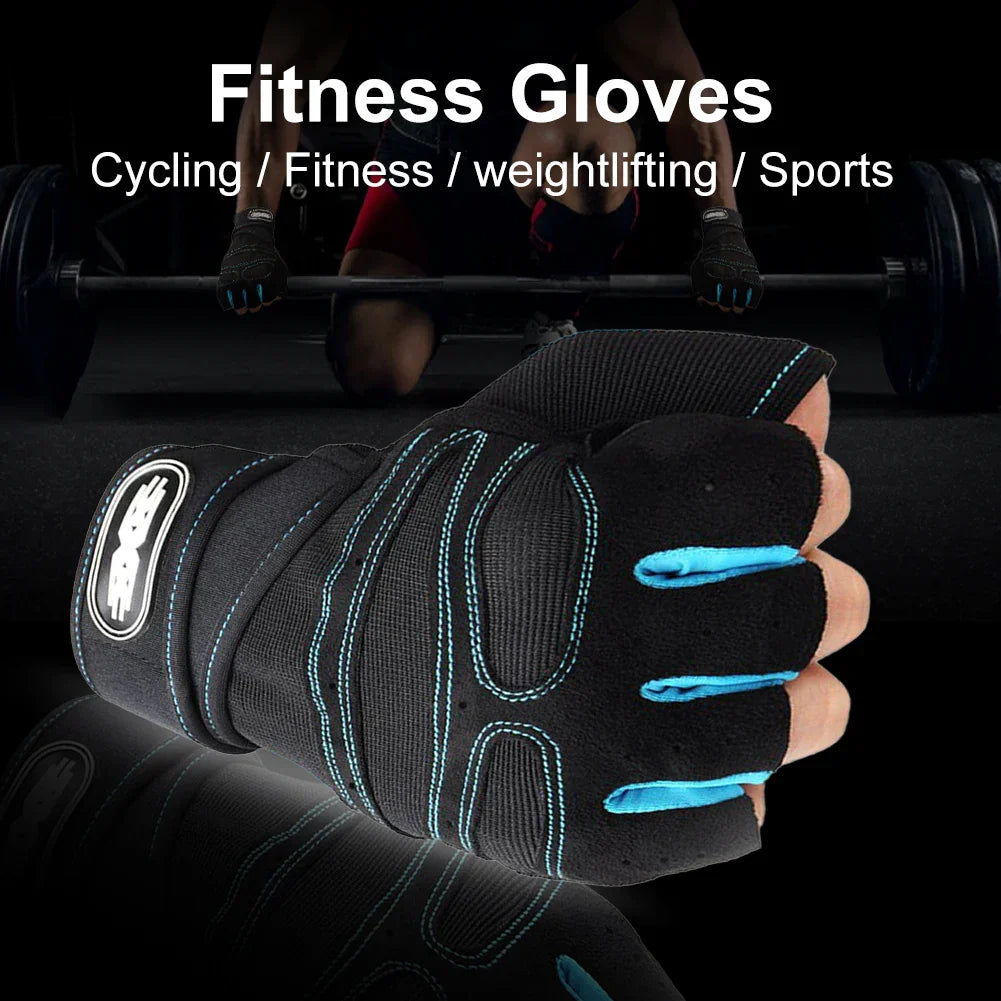 Black fitness gloves with blue accents on a dark background, featuring text about uses for cycling, fitness, weightlifting, and sports.