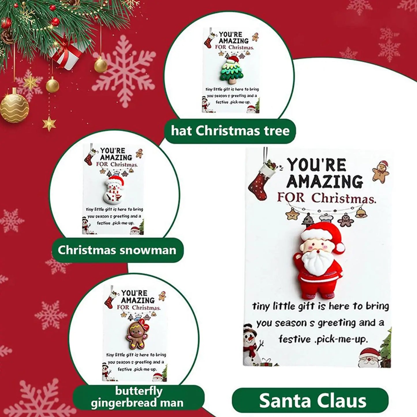 Set of Christmas-themed cards with Santa Claus, snowman, and gingerbread man designs on a red background.
