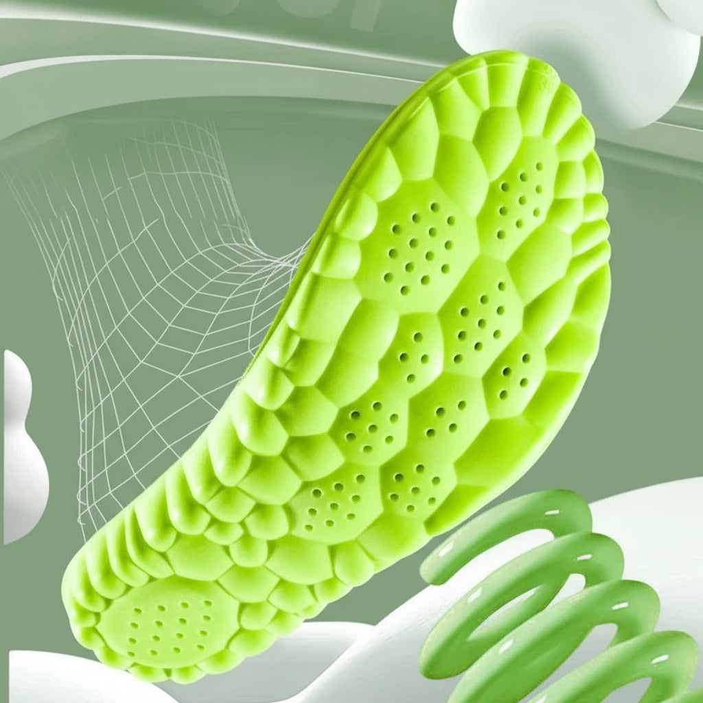 Green shoe sole with honeycomb pattern and text '4D Cloud technology' on a green background